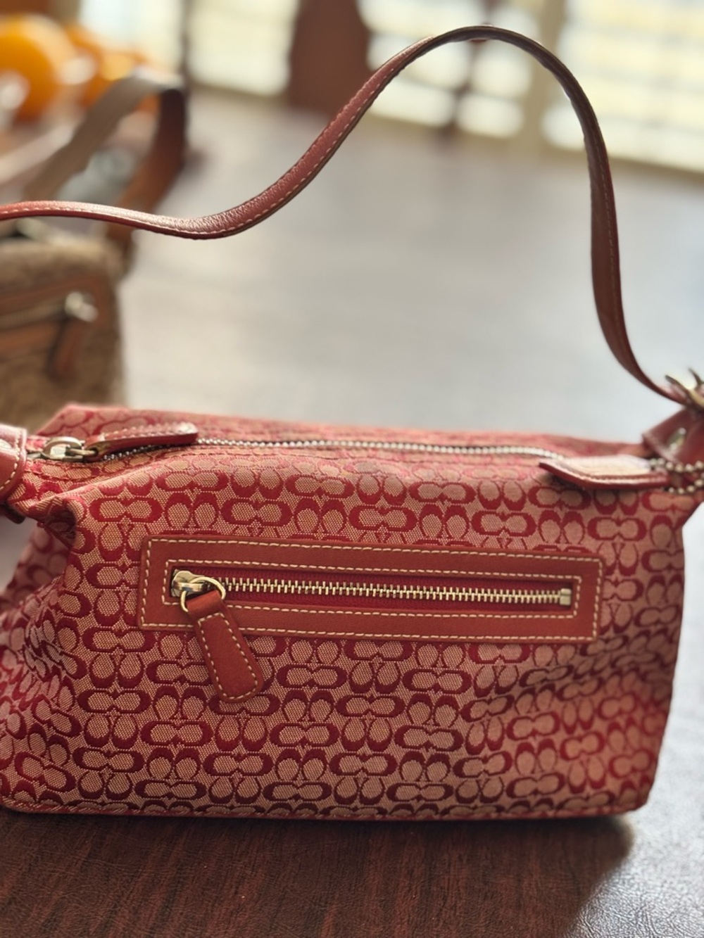 Coach Red Signature Canvas Shoulder Bag with Leather Trim - Picture 3 of 3